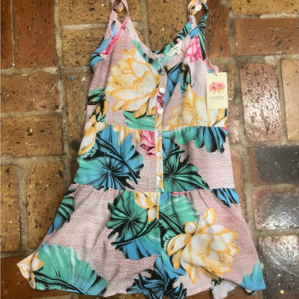 entro Pink Floral Romper with Teal & Yellow Accents